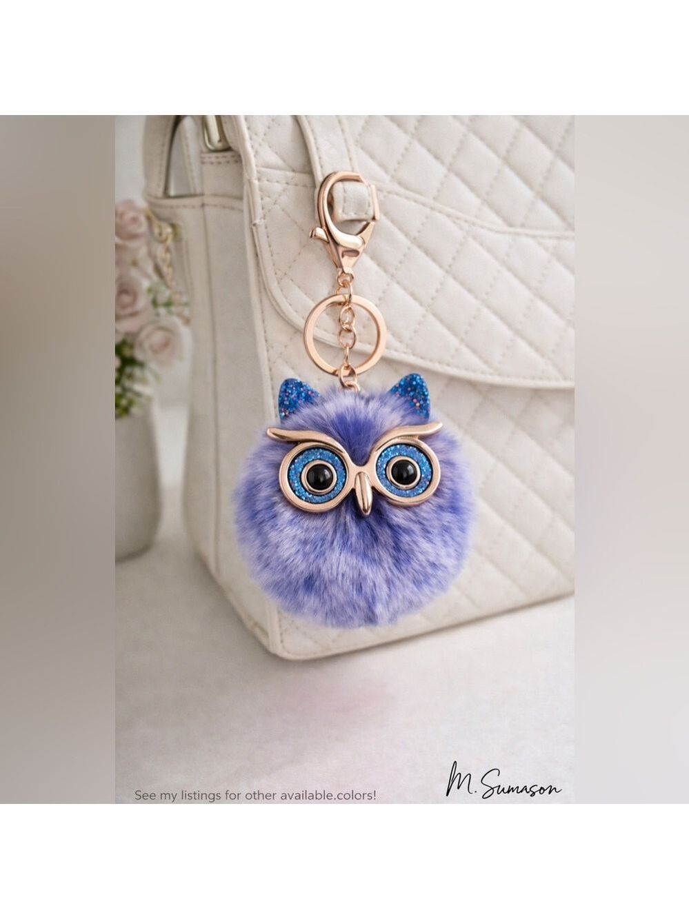 NEW Fluffy Owl Pom Keychain Charm Frosted Blue White Gold